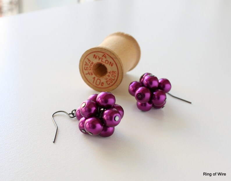 Purple Pearl Earrings, Purple Cluster Earrings, Pearl Cluster Earrings, Grape Cluster Earrings, Purple Bead Earrings, Dangle Earrings image 2