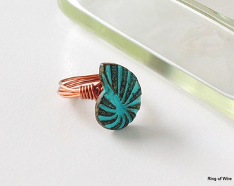 Ammonite Shell Button Ring: Blue Patina, Antique Copper Wire