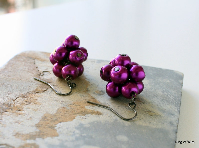 Purple Pearl Earrings, Purple Cluster Earrings, Pearl Cluster Earrings, Grape Cluster Earrings, Purple Bead Earrings, Dangle Earrings image 4