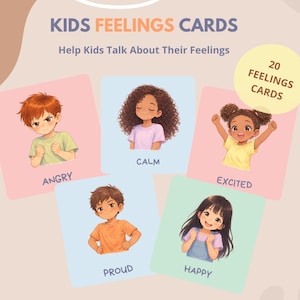 K&ouml;nnte beinhalten: Ein Kartenset f&uuml;r Kinder mit Illustrationen, die verschiedene Gef&uuml;hle wie Wut, Ruhe, Aufregung, Stolz und Gl&uuml;ck darstellen. Die Karten tragen die Aufschrift "Kids Feelings Cards" und "Help Kids Talk About Their Feelings".