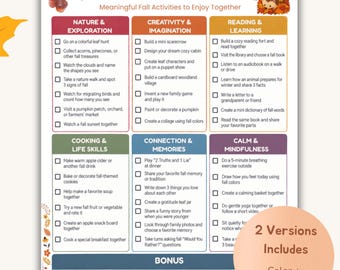 May include: A Fall Connection Challenge activity sheet featuring six categories: Nature & Exploration, Creativity & Imagination, Reading & Learning, Cooking & Life Skills, Connection & Memories, and Calm & Mindfulness, with a bonus section at the bottom.