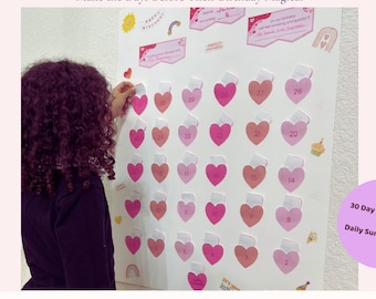 May include: A birthday countdown calendar for kids, featuring a white board with heart-shaped stickers numbered 1-30 in shades of pink. The text "Birthday Countdown for Kids" and "Make the Days Before Their Birthday Magical" are at the top.