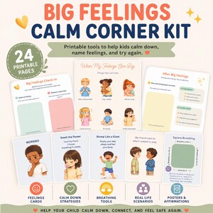 Könnte beinhalten: Ein farbenfrohes "Big Feelings Calm Corner Kit" mit druckbaren Werkzeugen für Kinder. Das Kit enthält Gefühlskarten, Beruhigungsstrategien, Atemwerkzeuge, reale Szenarien und Poster. Das Kit hat 24 bedruckbare Seiten.