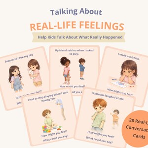 Könnte beinhalten: Ein Set von 28 Real-Life-Gesprächskarten für Kinder, die emotionale Situationen darstellen. Die Karten zeigen Illustrationen von Kindern und Sätze wie "Jemand hat mein Spielzeug genommen" und "Ich habe einen Fehler gemacht".