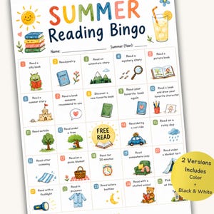 Puede incluir: Una hoja de juego Summer Reading Bingo con una cuadrícula de veinticinco casillas numeradas con ilustraciones coloridas y textos. El encabezado dice Summer Reading Bingo con un sol y un vaso de limonada. Un círculo amarillo indica 2 Versions Includes Color + Black & White.