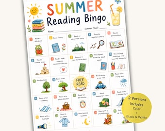 Summer Reading Bingo Printable | Color & Black and White Versions | Reading Challenge for Kids | Summer Learning Activity