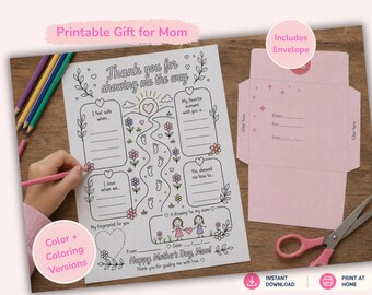 Mother’s Day Printable for Kids, Fill In Card for Mom, Coloring Page Gift, DIY Keepsake from Child, Easy Last Minute Mother’s Day Gift