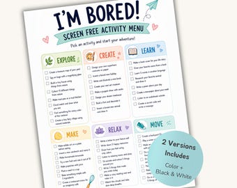 48 Screen Free Activities for Kids | I'm Bored Activity Menu | Kids Boredom Buster Printable | Summer Activities