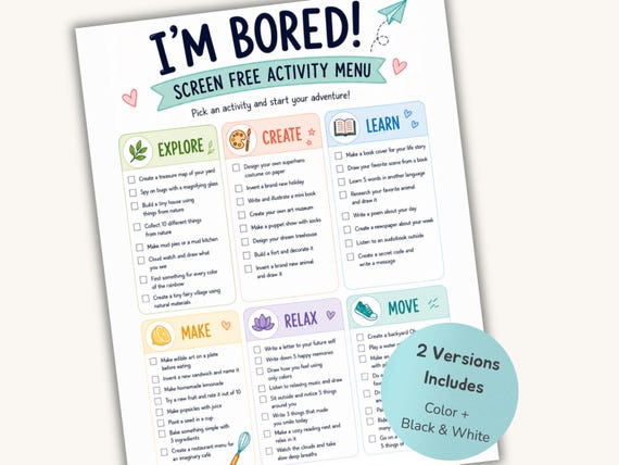 48 Screen Free Activities for Kids | I'm Bored Activity Menu | Kids Boredom Buster Printable | Summer Activities