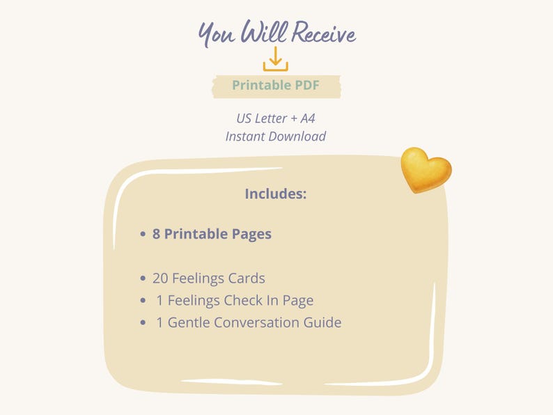 K&ouml;nnte beinhalten: Eine digitale Download-Grafik mit dem Text "You Will Receive" und "Printable PDF". Das Bild enth&auml;lt eine Liste von Elementen: 8 druckbare Seiten, 20 Gef&uuml;hlskarten, 1 Gef&uuml;hls-Check-in-Seite und 1 sanfte Gespr&auml;chsanleitung.