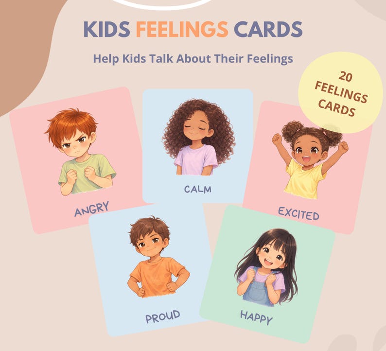 K&ouml;nnte beinhalten: Ein Kartenset f&uuml;r Kinder mit Illustrationen, die verschiedene Gef&uuml;hle wie Wut, Ruhe, Aufregung, Stolz und Gl&uuml;ck darstellen. Die Karten tragen die Aufschrift "Kids Feelings Cards" und "Help Kids Talk About Their Feelings".