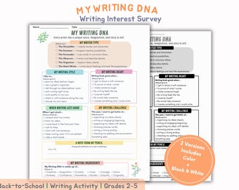 Writing Interest Survey Printable, Back to School Writing Activity, Writer Identity and Goal Setting Worksheet, Grades 3-5
