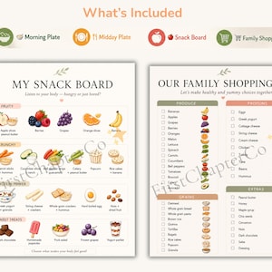May include: Two printed charts titled My Snack Board and Our Family Shopping List. The snack board categorizes food into fruity, crunchy, protein power, and sweet treats with illustrations. The shopping list organizes items by produce, proteins, and grains.