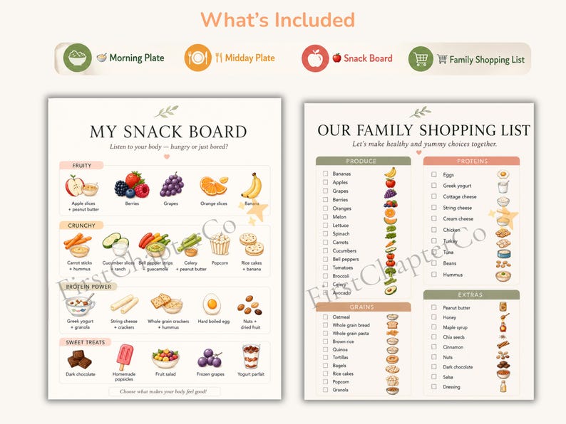 May include: Two printed charts titled My Snack Board and Our Family Shopping List. The snack board categorizes food into fruity, crunchy, protein power, and sweet treats with illustrations. The shopping list organizes items by produce, proteins, and grains.