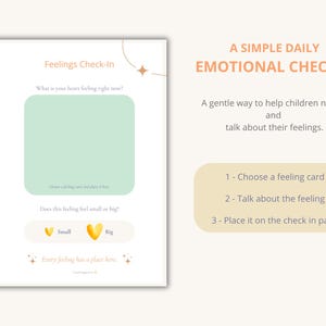 K&ouml;nnte beinhalten: Ein ausdruckbares Feelings Check-In-Blatt mit dem Text &bdquo;A SIMPLE DAILY EMOTIONAL CHECK IN&ldquo;. Das Blatt enth&auml;lt Aufforderungen zur Identifizierung von Gef&uuml;hlen, mit Platz f&uuml;r eine Gef&uuml;hlskarte und Optionen f&uuml;r &bdquo;klein&ldquo; oder &bdquo;gro&szlig;&ldquo;.