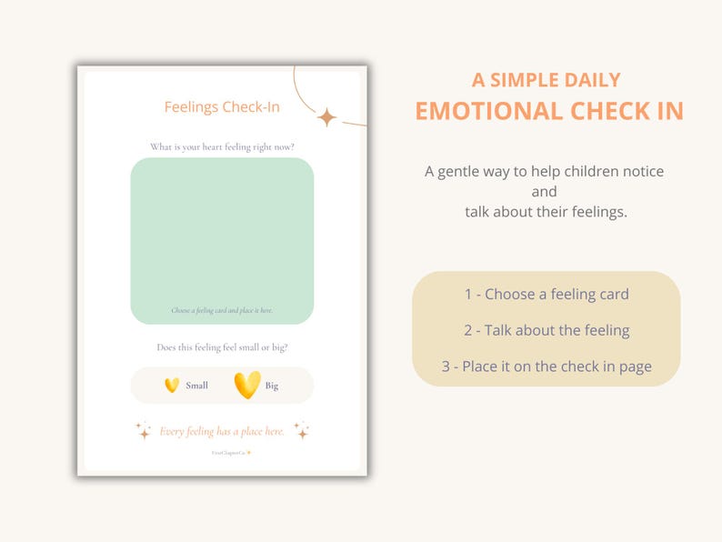 K&ouml;nnte beinhalten: Ein ausdruckbares Feelings Check-In-Blatt mit dem Text &bdquo;A SIMPLE DAILY EMOTIONAL CHECK IN&ldquo;. Das Blatt enth&auml;lt Aufforderungen zur Identifizierung von Gef&uuml;hlen, mit Platz f&uuml;r eine Gef&uuml;hlskarte und Optionen f&uuml;r &bdquo;klein&ldquo; oder &bdquo;gro&szlig;&ldquo;.