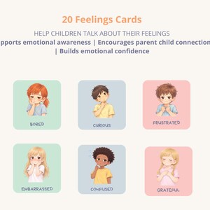 K&ouml;nnte beinhalten: Bild von 20 Gef&uuml;hlskarten, die Kindern helfen sollen, &uuml;ber ihre Gef&uuml;hle zu sprechen. Die Karten zeigen Illustrationen von Kindern, die Emotionen wie Langeweile, Neugier, Frustration, Verlegenheit, Verwirrung und Dankbarkeit ausdr&uuml;cken. Der Text unterst&uuml;tzt das emotionale Bewusstsein und f&ouml;rdert die Eltern-Kind-Beziehung.