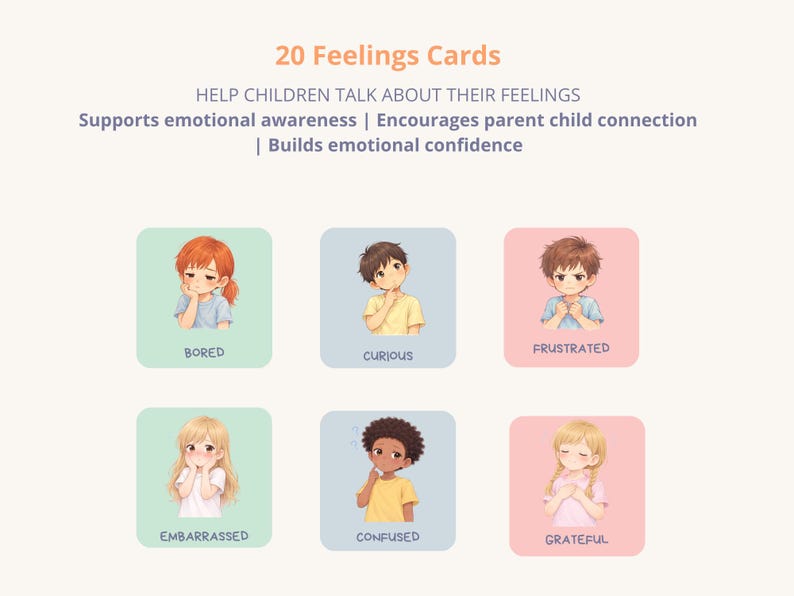 K&ouml;nnte beinhalten: Bild von 20 Gef&uuml;hlskarten, die Kindern helfen sollen, &uuml;ber ihre Gef&uuml;hle zu sprechen. Die Karten zeigen Illustrationen von Kindern, die Emotionen wie Langeweile, Neugier, Frustration, Verlegenheit, Verwirrung und Dankbarkeit ausdr&uuml;cken. Der Text unterst&uuml;tzt das emotionale Bewusstsein und f&ouml;rdert die Eltern-Kind-Beziehung.