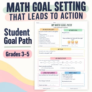 May include: A printable math goal setting worksheet for grades 3-5 titled My Math Goal Path. The document includes sections for My Math Challenge, My Math Goal, My Plan, My Practice Path, Look At My Growth, and What's Next with checkboxes and lines.