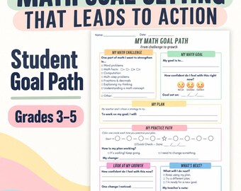 May include: A printable math goal setting worksheet for grades 3-5 titled My Math Goal Path. The document includes sections for My Math Challenge, My Math Goal, My Plan, My Practice Path, Look At My Growth, and What's Next with checkboxes and lines.