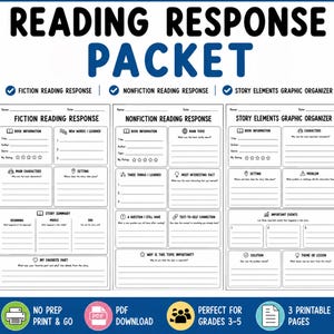 Reading Response Packet for Grades 3-5 | Fiction & Nonfiction Reading Comprehension Worksheets | Graphic Organizer | Literacy Centers