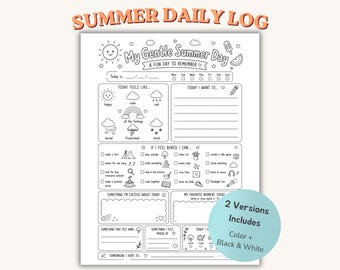 Kids Summer Daily Planner Printable, My Gentle Summer Day, Screen Free Summer Activity, Kids Journal Page, Coloring Sheet, A4 US Letter