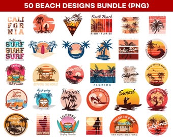 50+ Beach T-Shirt Designs Bundle, Summer Streetwear Graphics Pack, PNG Files, Print on Demand, DTF Beach Designs, Tropical Art Bundle