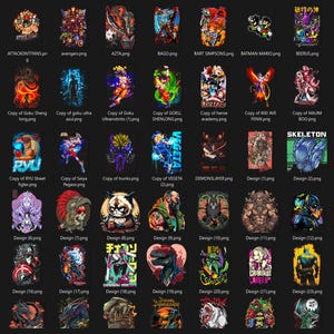 May include: A collection of graphic designs featuring various characters and themes. The designs include anime, comic book, and video game characters, with vibrant colors and detailed illustrations. The images are arranged on a black background.