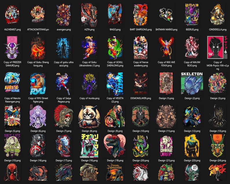 May include: A collection of graphic designs featuring various characters and themes. The designs include anime, comic book, and video game characters, with vibrant colors and detailed illustrations. The images are arranged on a black background.