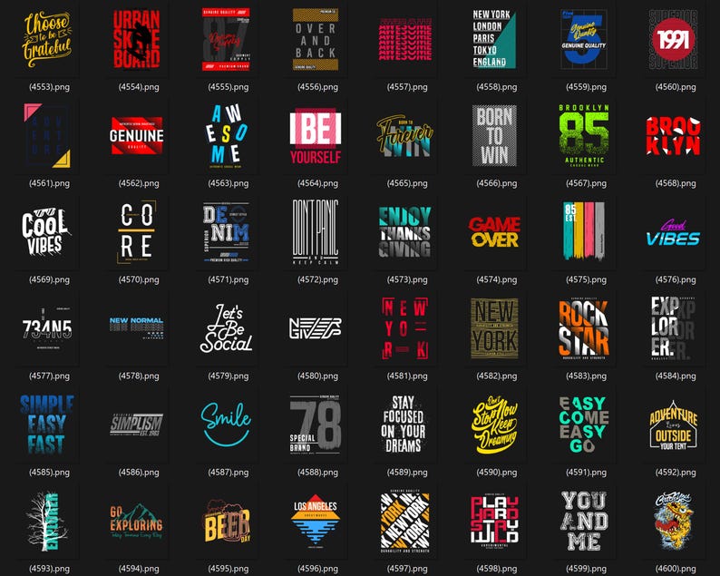 May include: A collection of graphic designs on a black background. The designs feature various text-based slogans and phrases in different fonts and colors, including "Choose Grateful," "Urban Skate Board," and "Cool Vibes."