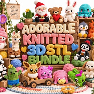 Puede incluir: Una colección de varios animales y figuras de ganchillo, incluyendo un Santa, un oso, una llama, un cactus y un esqueleto, dispuestos alrededor de un letrero de madera con el texto ADORABLE KNITTED 3D STL BUNDLE, acompañados de ovillos de lana.