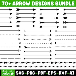 May include: A digital collection of over 70 black arrow designs arranged in rows on a white background. The set includes various arrowheads, fletching styles, and line types such as solid, dashed, and dotted. The text 70+ ARROW DESIGNS BUNDLE appears at the top, and SVG-PNG-PDF-EPS-DXF-AI appears at the bottom.