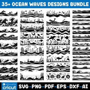 Op de afbeelding: Een digitale collectie getiteld 35+ OCEAN WAVES DESIGNS BUNDLE met zwart-witte grafische illustraties van oceaangolven, zeedieren, dolfijnen, walvissen, koraal en schelpen. De vermelde bestandsformaten zijn SVG, PNG, PDF, EPS, DXF en AI.