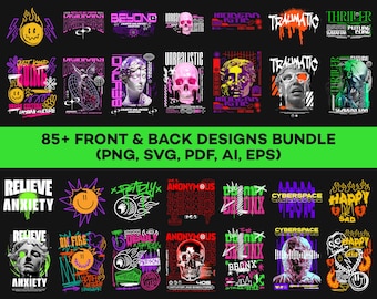 May include: A collection of graphic designs with a dark aesthetic, featuring skulls, statues, and text elements. The designs use a vibrant color palette of neon green, purple, orange, and pink. Text includes phrases like "Beyond", "Traumatic", and "CyberSpace". The image also includes the text "85+ Front & Back Designs Bundle".