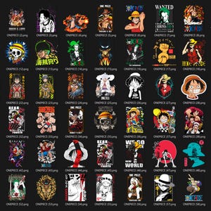 May include: A collection of various graphic designs featuring characters and logos from the anime series "One Piece." The designs include illustrations of characters, skulls, and text elements, all set against a black background. The images are in a grid layout.