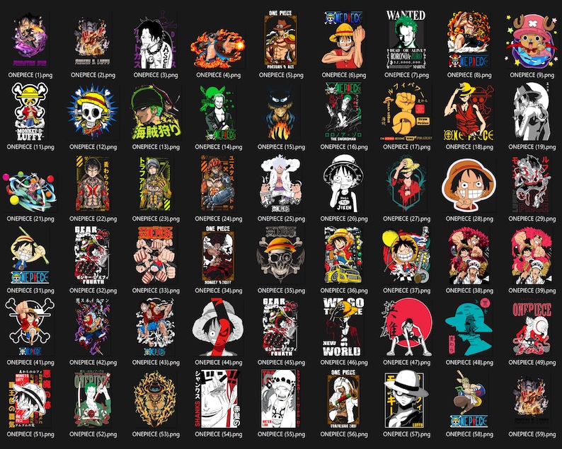 May include: A collection of various graphic designs featuring characters and logos from the anime series "One Piece." The designs include illustrations of characters, skulls, and text elements, all set against a black background. The images are in a grid layout.
