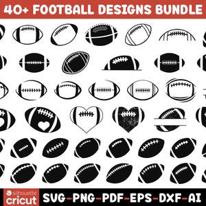 May include: A digital collection of over 40 black and white football graphic designs arranged in a grid. The collection includes various football silhouettes, heart-shaped footballs, and split-style designs. The text 40+ FOOTBALL DESIGNS BUNDLE is at the top, and SVG-PNG-PDF-EPS-DXF-AI is at the bottom.