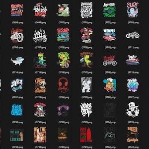 May include: A collection of graphic t-shirt designs with various themes. Designs include text-based graphics, illustrations of motorcycles, sharks, dinosaurs, and other imagery. The color palette includes a mix of bright and bold colors.