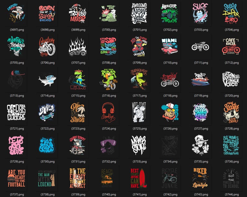 May include: A collection of graphic t-shirt designs with various themes. Designs include text-based graphics, illustrations of motorcycles, sharks, dinosaurs, and other imagery. The color palette includes a mix of bright and bold colors.