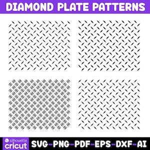 Puede incluir: Un gráfico digital que presenta cuatro patrones de placa de diamante negros distintos dispuestos en una cuadrícula. El texto DIAMOND PLATE PATTERNS aparece en la parte superior y el texto SVG-PNG-PDF-EPS-DXF-AI en la parte inferior con los logos.