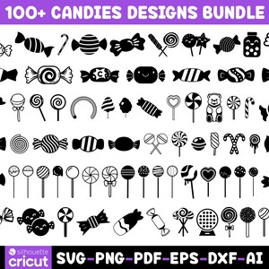 May include: A digital collection of over 100 black and white candy icons, including various wrapped candies, lollipops, and sweets. The top banner reads 100+ CANDIES DESIGNS BUNDLE, and the bottom banner displays the text silhouette cricut SVG-PNG-PDF-EPS-DXF-AI.