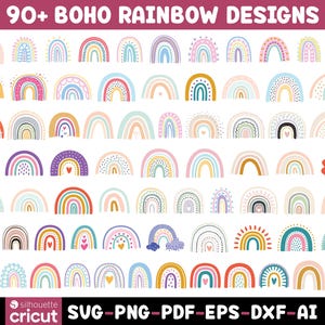 May include: A digital collection of 90+ rainbow designs featuring various pastel and vibrant color palettes, patterns, and shapes. The text 90+ BOHO RAINBOW DESIGNS appears at the top, and the text SVG-PNG-PDF-EPS-DXF-AI appears at the bottom.