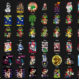 May include: Collection of graphic designs featuring characters from the Super Mario video game series. Designs include Mario, Luigi, and other characters in various poses and styles. Some designs include text like "Super Mario" and "Made in the 80's".