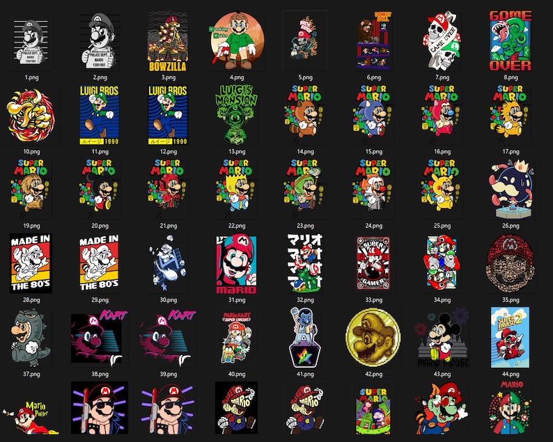 May include: Collection of graphic designs featuring characters from the Super Mario video game series. Designs include Mario, Luigi, and other characters in various poses and styles. Some designs include text like "Super Mario" and "Made in the 80's".