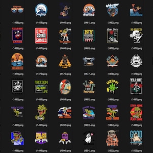 May include: Collection of graphic t-shirt designs featuring various themes. Designs include surfing, retro gaming, cityscapes, and pop culture references. Bold colors and illustrations are used throughout the collection.