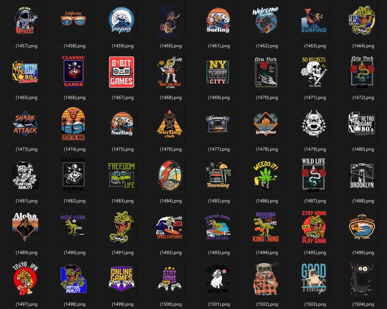 May include: Collection of graphic t-shirt designs featuring various themes. Designs include surfing, retro gaming, cityscapes, and pop culture references. Bold colors and illustrations are used throughout the collection.