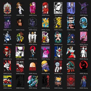 May include: Collection of anime-themed graphic designs on a black background. Each design features a different character or scene, with vibrant colors and bold lines. The designs include text in Japanese and English.