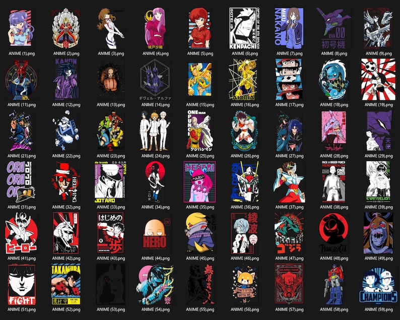May include: Collection of anime-themed graphic designs on a black background. Each design features a different character or scene, with vibrant colors and bold lines. The designs include text in Japanese and English.