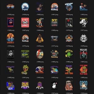 May include: Collection of graphic designs on a black background. Designs include surfing, retro games, cityscapes, skulls, and various illustrations with text like "Welcome", "Shark Attack", and "Freedom".