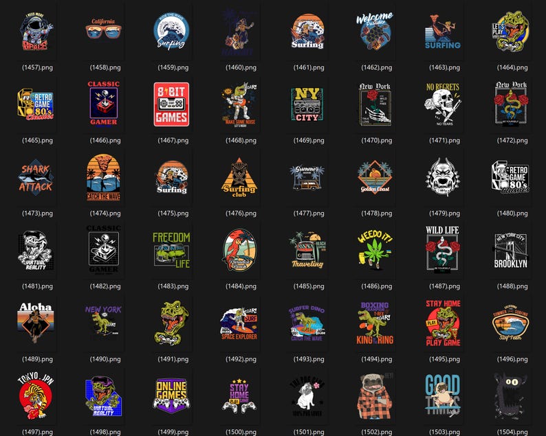 May include: Collection of graphic designs on a black background. Designs include surfing, retro games, cityscapes, skulls, and various illustrations with text like "Welcome", "Shark Attack", and "Freedom".